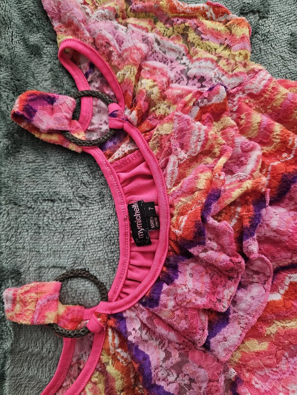 My Michelle Bright Pink Multicolor Ruffle Lace Denim Romper Suit Girls Size 7